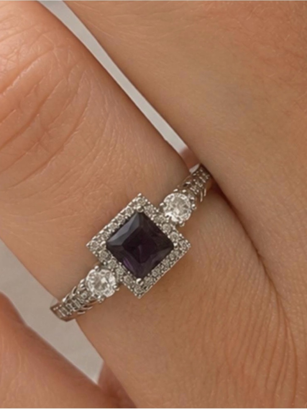Sterling Silver Square deep purple stone  Halo Ring with Side Stones sz 6.25